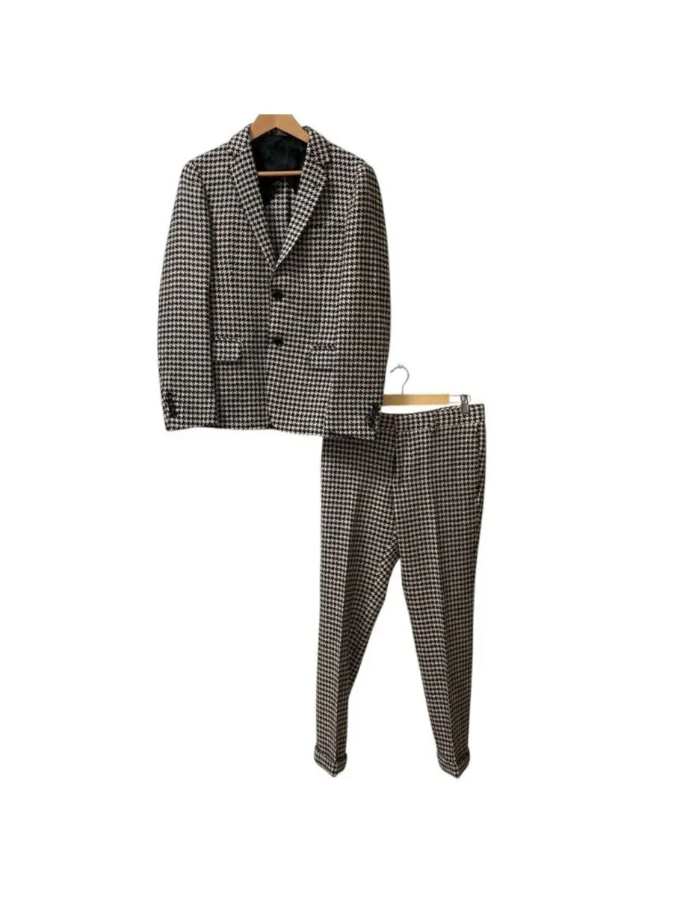 Gucci Wool Tweed Houndstooth Tailored Jacket Trousers Suit Set Black White